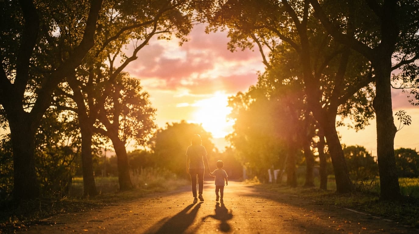 夕陽中親子牽手散步的溫暖場景