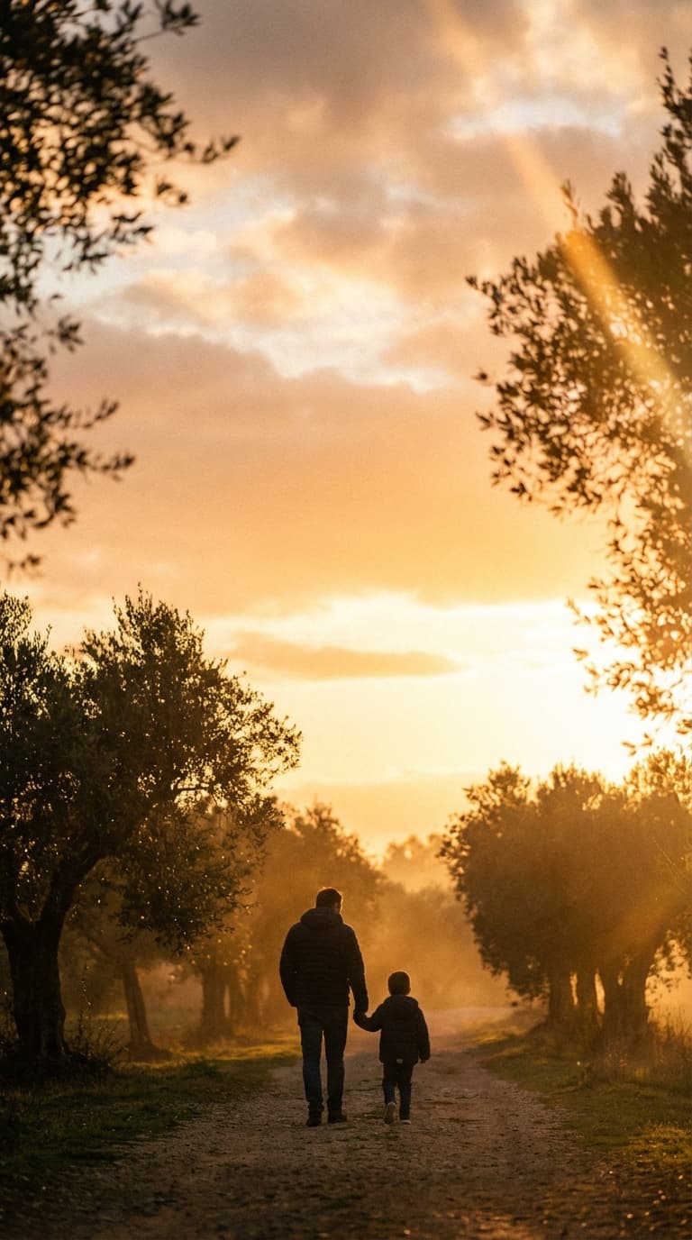 夕陽中親子牽手散步的溫暖場景