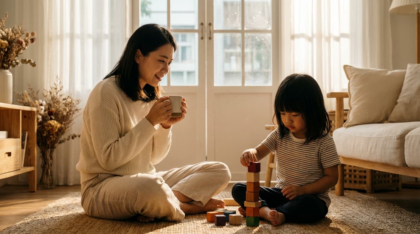 溫暖的親子陪伴場景——孩子專注拼積木,媽媽微笑看著