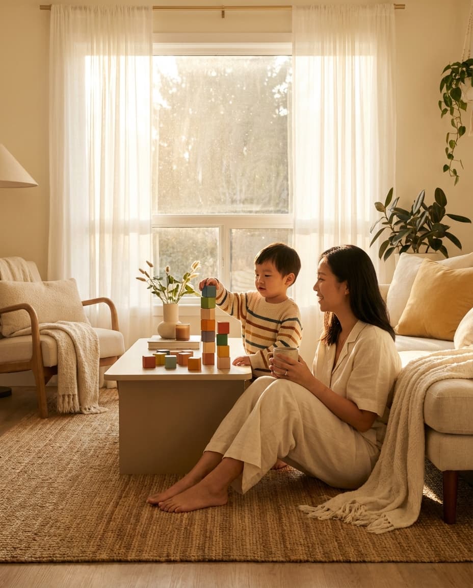 溫暖的親子陪伴場景——孩子專注拼積木,媽媽微笑看著
